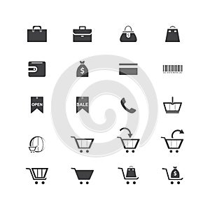 Icons of shopping items, shopping carts, bags.