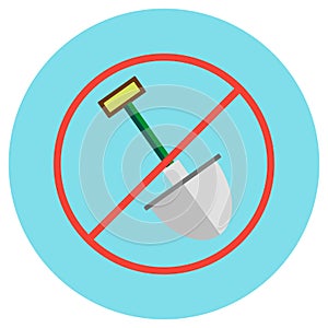 Icons of a shovel crossed in a circle in a flat style. Vector image on a round colored background. Element of design, interface