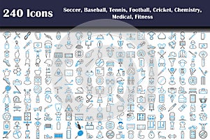 240 Icons Of Soccer, Baseball, Tennis, Football, Cricket, Chemistry, Medical, Fitness