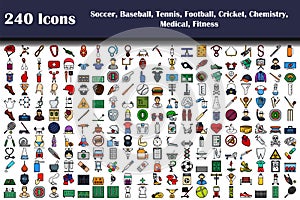 240 Icons Of Soccer, Baseball, Tennis, Football, Cricket, Chemistry, Medical, Fitness