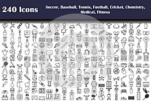 240 Icons Of Soccer, Baseball, Tennis, Football, Cricket, Chemistry, Medical, Fitness