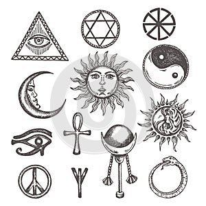 Icons and symbols of white magic, occult, mystic, esoteric, masons Eye of Providence. Hand drawn alchemy, religion