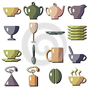 Icons tea utensils volumetric with shadows