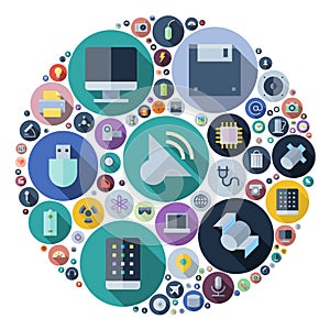 Icons for technology and devices arranged in circle