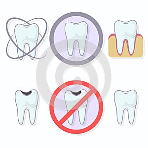 Icons teeth. Shining tooth and tooth caries