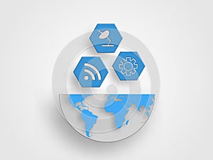 Icons of telecommunication concept are on the half size of earth map represent concept of commucation and global connection.