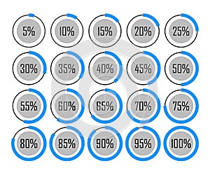 Icons template pie graph circle percentage blue chart 5 10 15 20 25 30 35 40 45 50 55 60 65 70 75 80 85 90 95 100 percent set