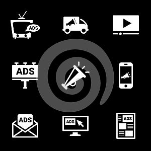 Icons for theme Advertising, media, communication, vector, icon, set. Black background