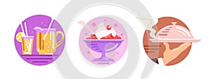 Icons on the theme of a bar, restaurant. Ice cream, cocktail, serving dishes. Vector flat illustration