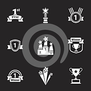 Icons for theme Competition, victory. Black background, vector, icon, set