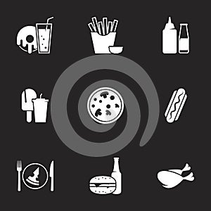 Icons for theme fast food. Black background