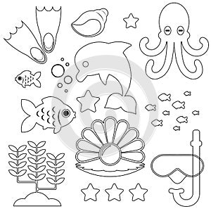 Icons of the underwater world and marine life in black and white. Vector illustration