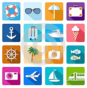 Icons vacation, tourism, sea, relaxation, colored flat.