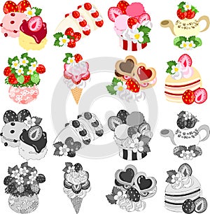 The icons of various strawberry sweets