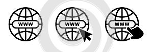 Icons of web world globe. Vector internet global earth, map for website. WWW, url go symbols for computer site. Black sphere flat