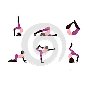 Icons of woman in different upturned yoga poses for flexible, strong and relaxed spine. Set of colored yoga silhouettes isolated