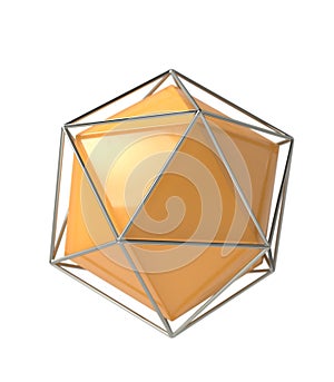 Icosahedron 3d geometric volume yellow solid shape in wireframe metal jail, 3d illustration
