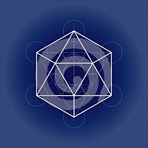 Icosahedron from Metatrons cube, sacred geometry vector illustration on technical paper