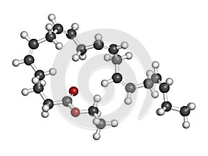 Icosapent ethyl (ethyl eicosapentaenoic acid) drug molecule.  3D rendering. Atoms are represented as spheres with conventional