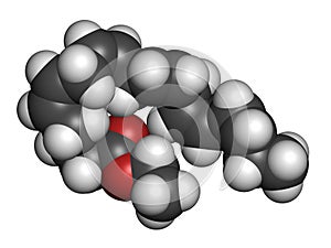 Icosapent ethyl (ethyl eicosapentaenoic acid) drug molecule.  3D rendering. Atoms are represented as spheres with conventional