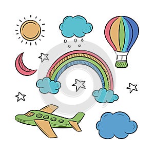 Sky Doodle, Airplane, Cloud, moon, rainbow and sun vector illustration