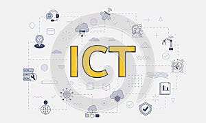 ict information and communication technology concept with icon set with big word or text on center