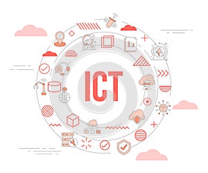 ict information and communication technology concept with icon set template banner and circle round shape