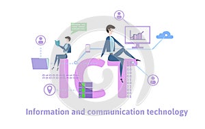 ICT, Information Communication Technology. Concept table with people, letters and icons. Colored flat vector