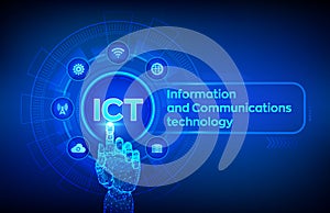 ICT. Information and communication technology concept on virtual screen. Wireless communication network. Intelligent system