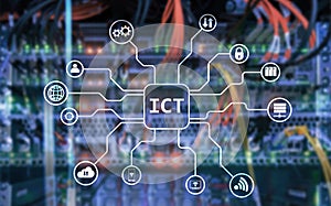 ICT - information and communications technology concept on server room background