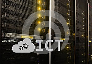 ICT - information and communications technology concept on server room background