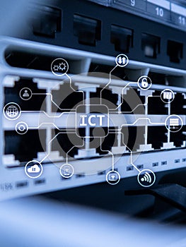 ICT - information and communications technology concept on server room background