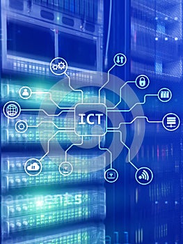 ICT - information and communications technology concept on server room background