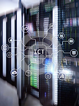 ICT - information and communications technology concept on server room background