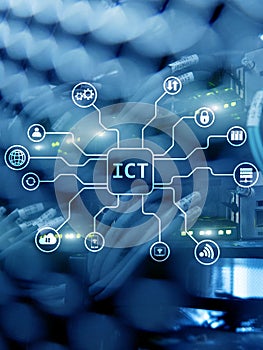 ICT - information and communications technology concept on server room background