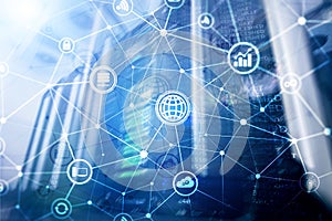 ICT - information and telecommunication technology and IOT - internet of things concepts. Diagrams with icons on server