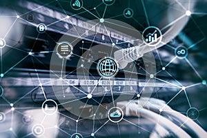 ICT - information and telecommunication technology and IOT - internet of things concepts. Diagrams with icons on server room back