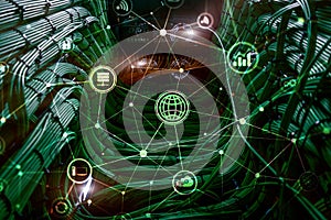 ICT - information and telecommunication technology and IOT - internet of things concepts. Diagrams with icons on server room back