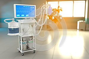 ICU artificial lung ventilator with fictive design in modern clinic with selective focus - stop covid-19 concept, medical 3D