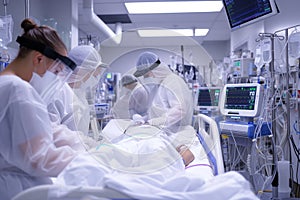 ICU hospital patient in comatose state during intensive care photo