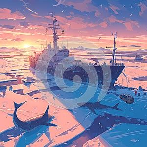 Icy Adventure: Polar Expedition Ship at Dawn