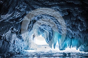 Icy cave. Winter fabulous New Year`s image.