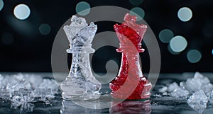 Icy chess pieces on reflective surface