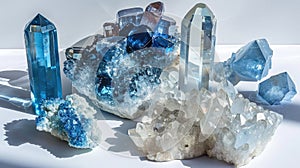 Icy chic collage of Aquamarine, Blue Topaz, and Moonstone, emanating cool elegance and tranquility against a white