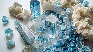 Icy chic collage of Aquamarine, Blue Topaz, and Moonstone, emanating cool elegance and tranquility against a white