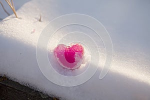 icy colored hearts on snow, valentine`s day card,