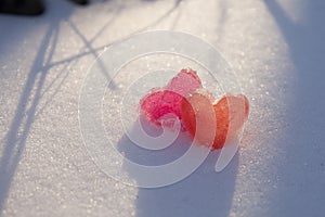 icy colored hearts on snow, valentine`s day card,