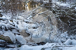 View of an icy creek flowing in winter season.