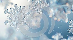 Icy crystal snowflakes with intricate patterns on a blurred blue background, copy space, banner