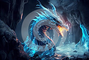 an icy dragon in a damp dark cave. angry lizard breathing fire.
